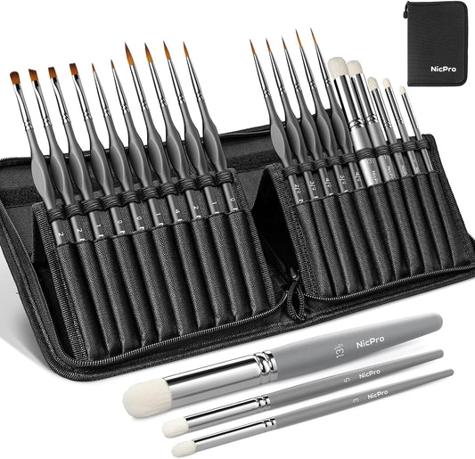 Nicpro 20 PCS Miniature Paint Brushes Drybrush, Model Paint Brush Set for Acrylic, Watercolour Detail Paint Brush Dry Brush for Model, Miniature Model, Paint by Number-With Nylon Case