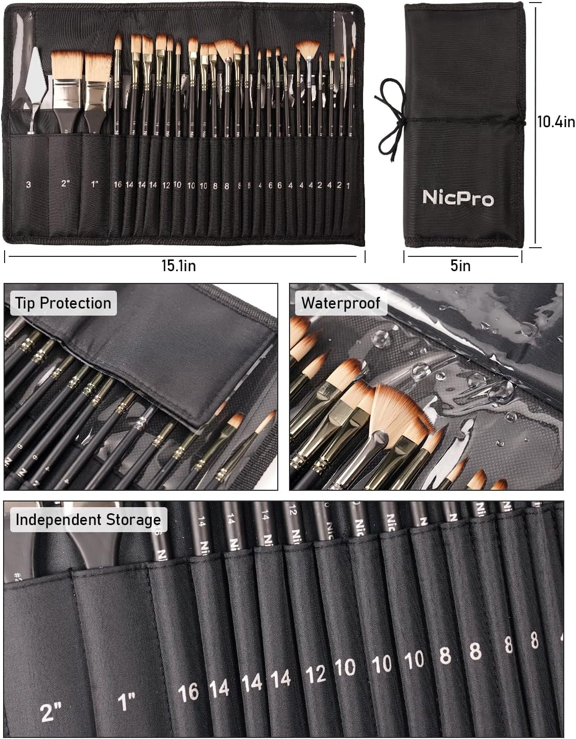 Nicpro 26Pcs Paint Brush Set, Professional Paintbrushes with Palette Knife, Cloth Roll, Artist Paint Brushes for Acrylic Canvas Painting, Oil, Watercolour Gouache, Adults Art Supplies Painting Tools