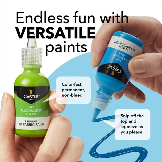 Castle Art Supplies 3D Fabric Paint Set | 24 Quality Vibrant Colours in 29Ml Bottles | for Artists; for Crafters; for Fun | Clothing, Textile, Canvas, Glass, Wood, Shoes | in Strong Selection Box