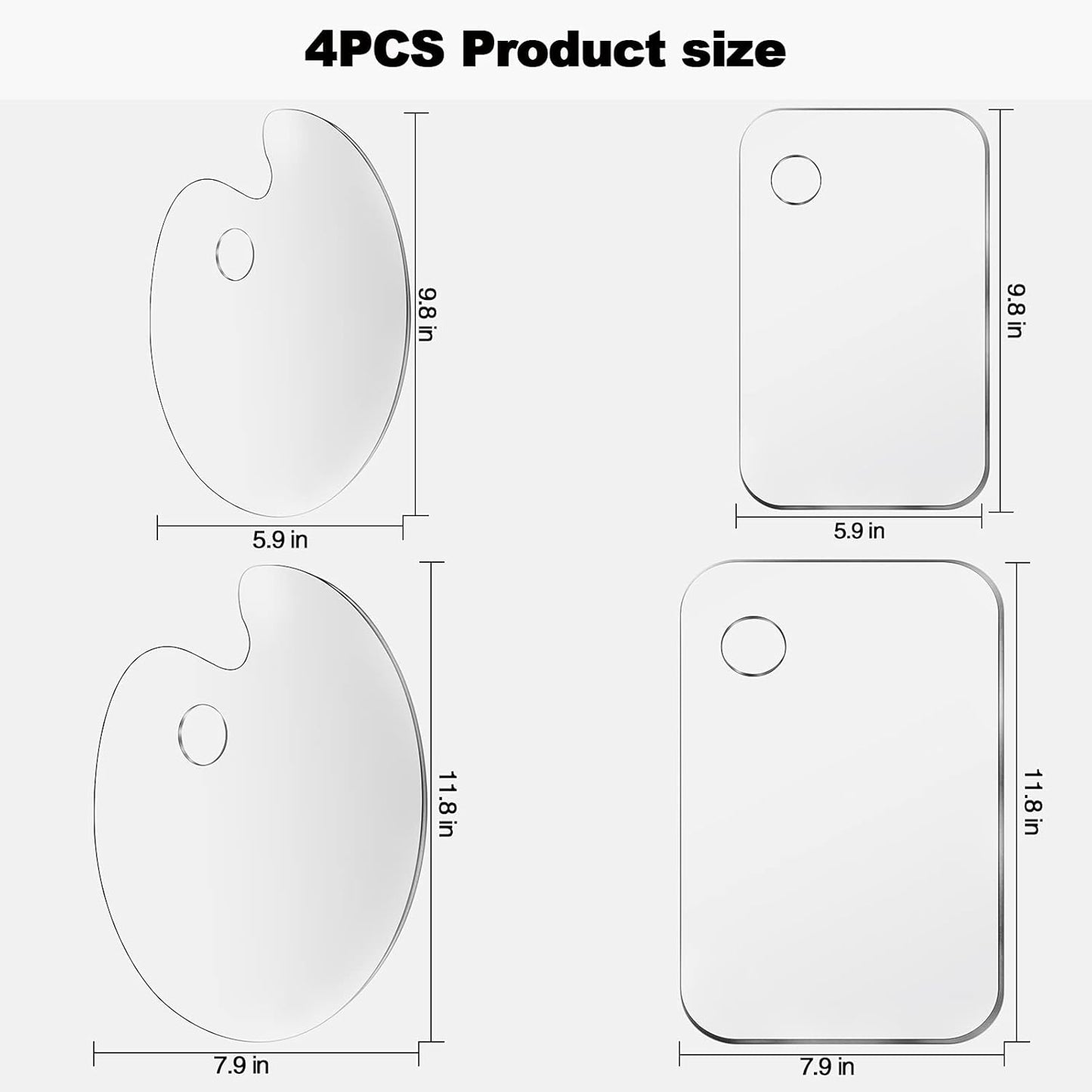4-Piece Transparent Paint Palette Set – Acrylic, Plastic & Glass (Oval & Rectangular)