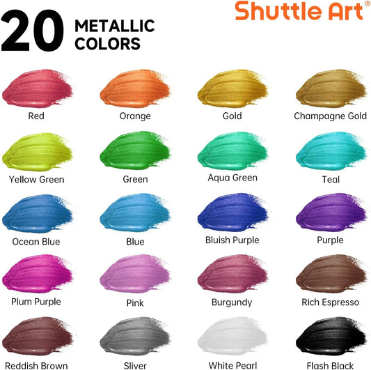 Shuttle Art 20-Colour Metallic Acrylic Paint Set + Brushes & Palette