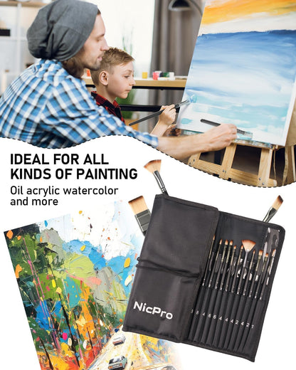 Nicpro 26Pcs Paint Brush Set, Professional Paintbrushes with Palette Knife, Cloth Roll, Artist Paint Brushes for Acrylic Canvas Painting, Oil, Watercolour Gouache, Adults Art Supplies Painting Tools