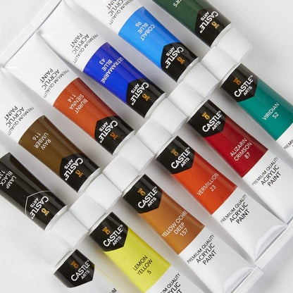 Castle Art Supplies 12 X 12Ml Acrylic Paints Tubes Set for Adults Artists Beginners | a Perfect Mix of Quality and Versatility - Vivid Colours - Easy to Blend and Good Coverage on Paper Canvas Wood or Fabric