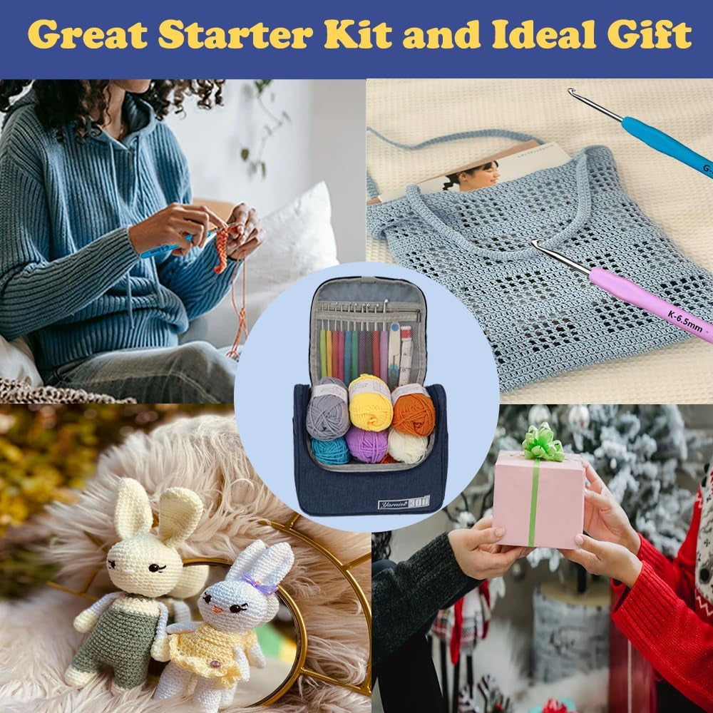 Knitiss Crochet Kits for Beginners Adults, All in One Crochet Crochet Starter Kit with 840 Yards Crochet Yarn, 10 Size Ergonomic Crochet Hooks 2.0Mm~6.5Mm
