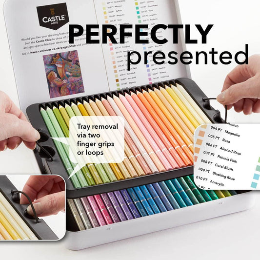 Castle Art Supplies 48 Pasteltint Coloured Pencils Set | Quality Colours in Softer, Sumptuous Tones | for Professional and Adult Artists | Protected and Organised in Presentation Tin Box