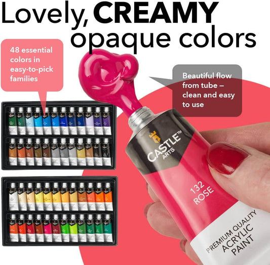 Castle Art Supplies 48 X 22Ml Acrylic Paint Set | All-Inclusive Set for Beginners, Adult Artists | Premium Quality Intense Colours | Smooth to Use on Range of Surfaces | in Impressive Presentation Box