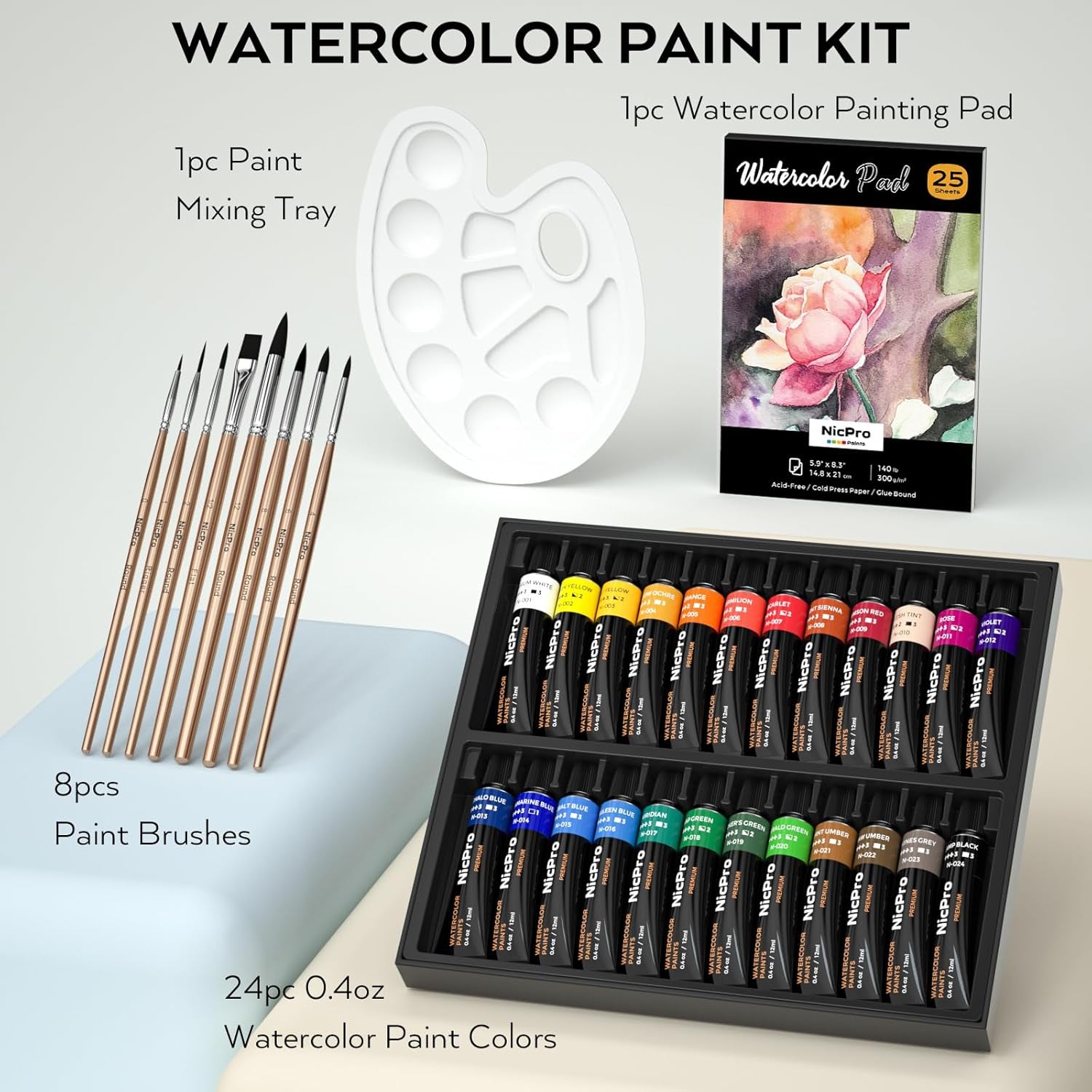 Nicpro Watercolour Paint Kit, Professional Painting Supplies Set 24 Tube Water Color Paints, 8 Synthetic Squirrel Brushes, 25 Paper Pad, Palette, Color Wheel for Artists, Beginners, Kids, Adults