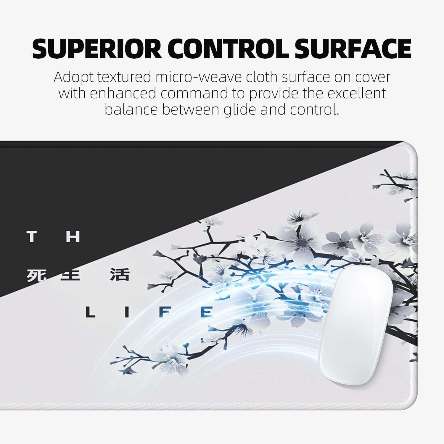 EFISH Black and White Japanese Cherry Tree Blosson Mouse Pad (31.5 × 11.8 × 0.12 Inch) Extended Large Mouse Mat Desk Pad, Stitched Edges Mousepad,Non-Slip Rubber Base,Gaming Mouse Pad