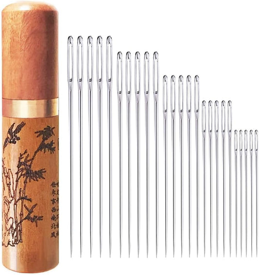 25-Piece Large Eye Sewing Needles with Hand-Carved Sandalwood Case