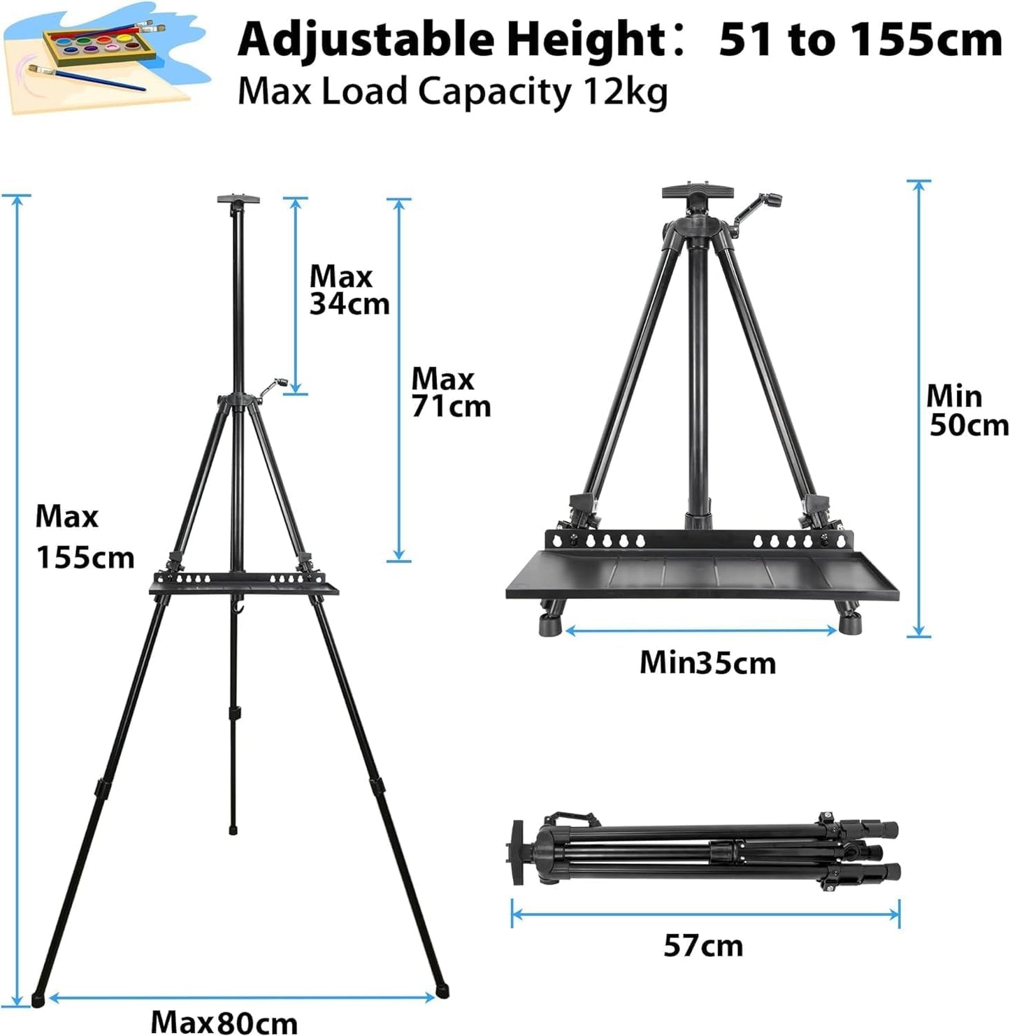 Art Easel Stand for Painting, Adjustable 51-155 Cm, Folding Tripod Display Easel, Artist Stand Easel with Bag/Keg, Tabletop and Floor Painting Display Drawing Art Sketch (Black)