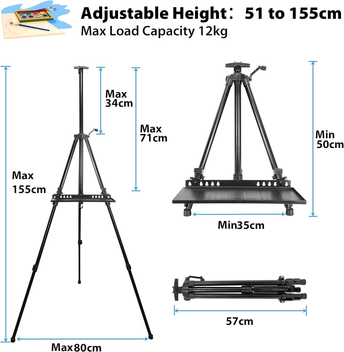 Art Easel Stand for Painting, Adjustable 51-155 Cm, Folding Tripod Display Easel, Artist Stand Easel with Bag/Keg, Tabletop and Floor Painting Display Drawing Art Sketch (Black)