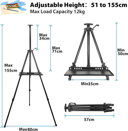 Art Easel Stand for Painting, Adjustable 51-155 Cm, Folding Tripod Display Easel, Artist Stand Easel with Bag/Keg, Tabletop and Floor Painting Display Drawing Art Sketch (Black)