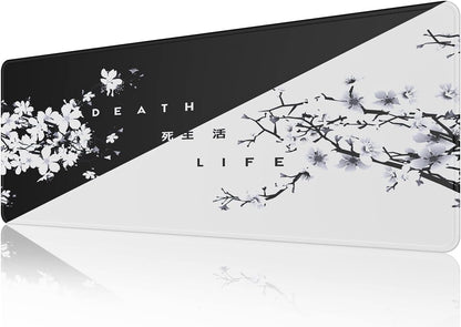 EFISH Black and White Japanese Cherry Tree Blosson Mouse Pad (31.5 × 11.8 × 0.12 Inch) Extended Large Mouse Mat Desk Pad, Stitched Edges Mousepad,Non-Slip Rubber Base,Gaming Mouse Pad