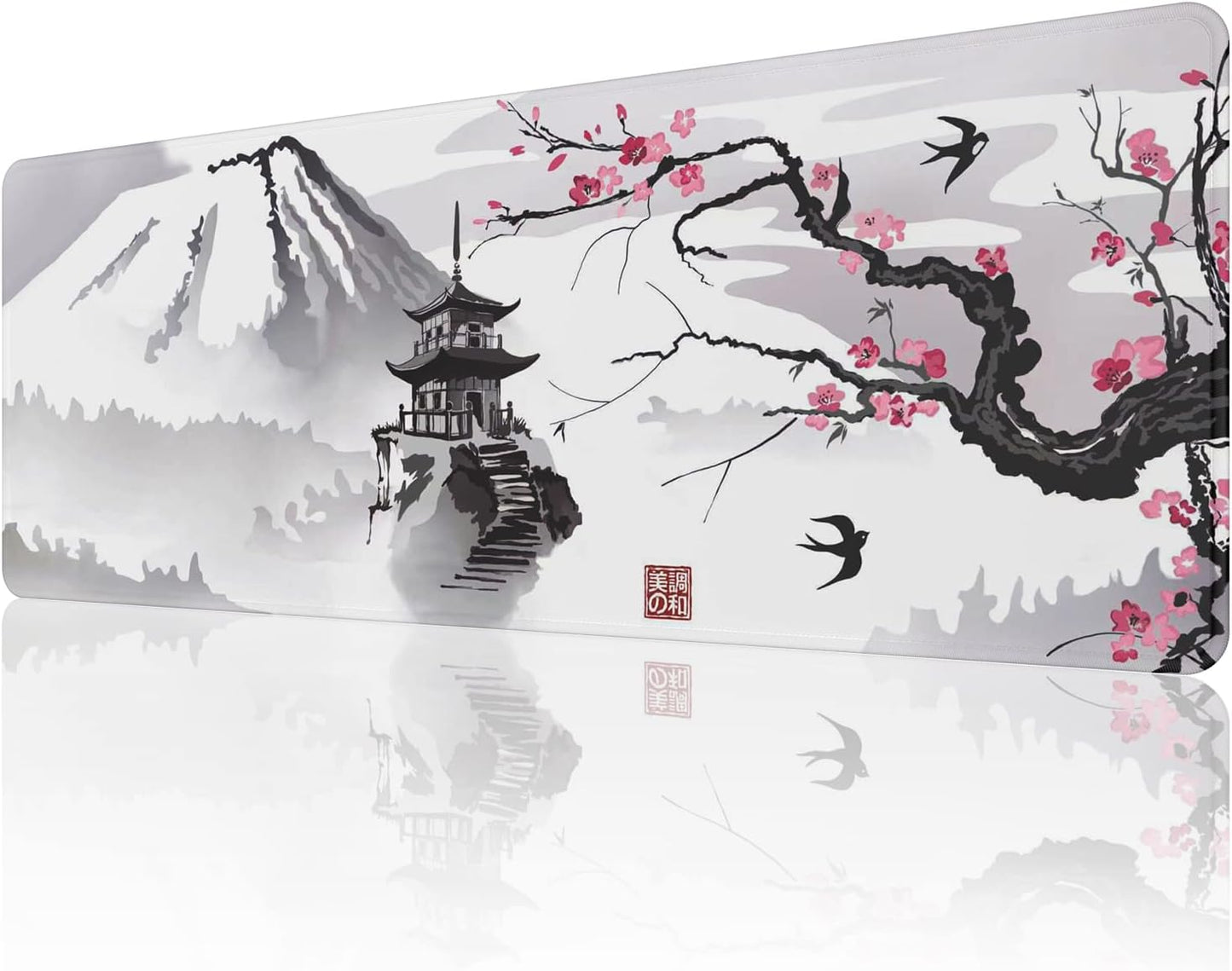 EFISH Black and White Japanese Cherry Tree Blosson Mouse Pad (31.5 × 11.8 × 0.12 Inch) Extended Large Mouse Mat Desk Pad, Stitched Edges Mousepad,Non-Slip Rubber Base,Gaming Mouse Pad