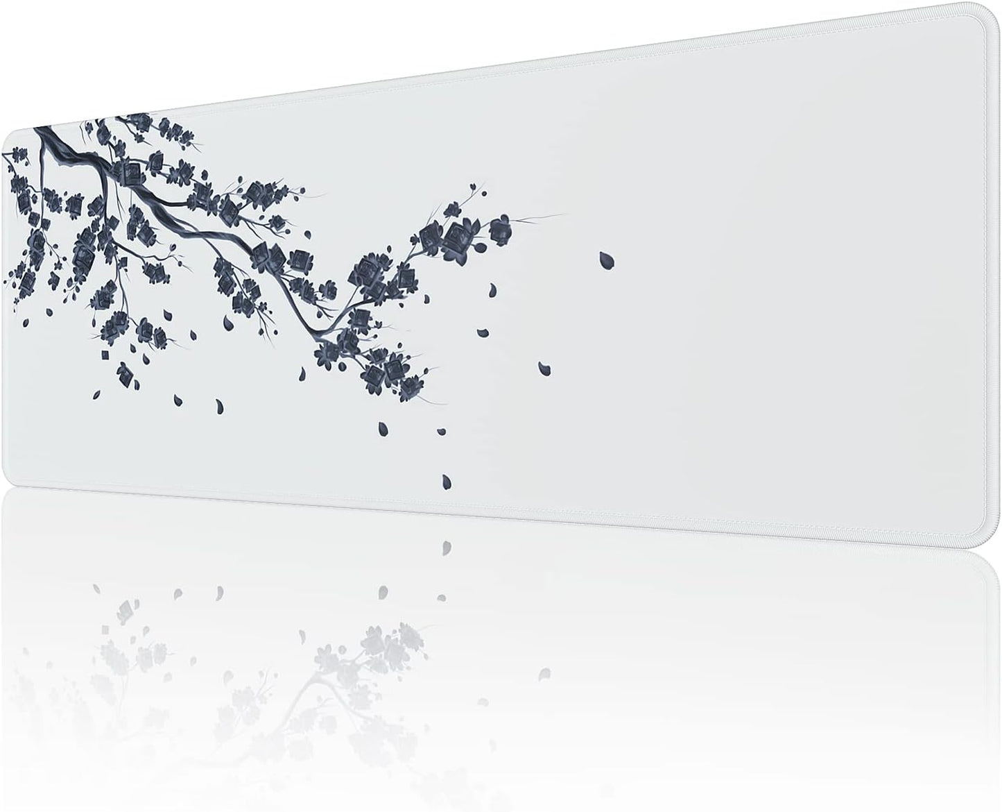 EFISH Black and White Japanese Cherry Tree Blosson Mouse Pad (31.5 × 11.8 × 0.12 Inch) Extended Large Mouse Mat Desk Pad, Stitched Edges Mousepad,Non-Slip Rubber Base,Gaming Mouse Pad