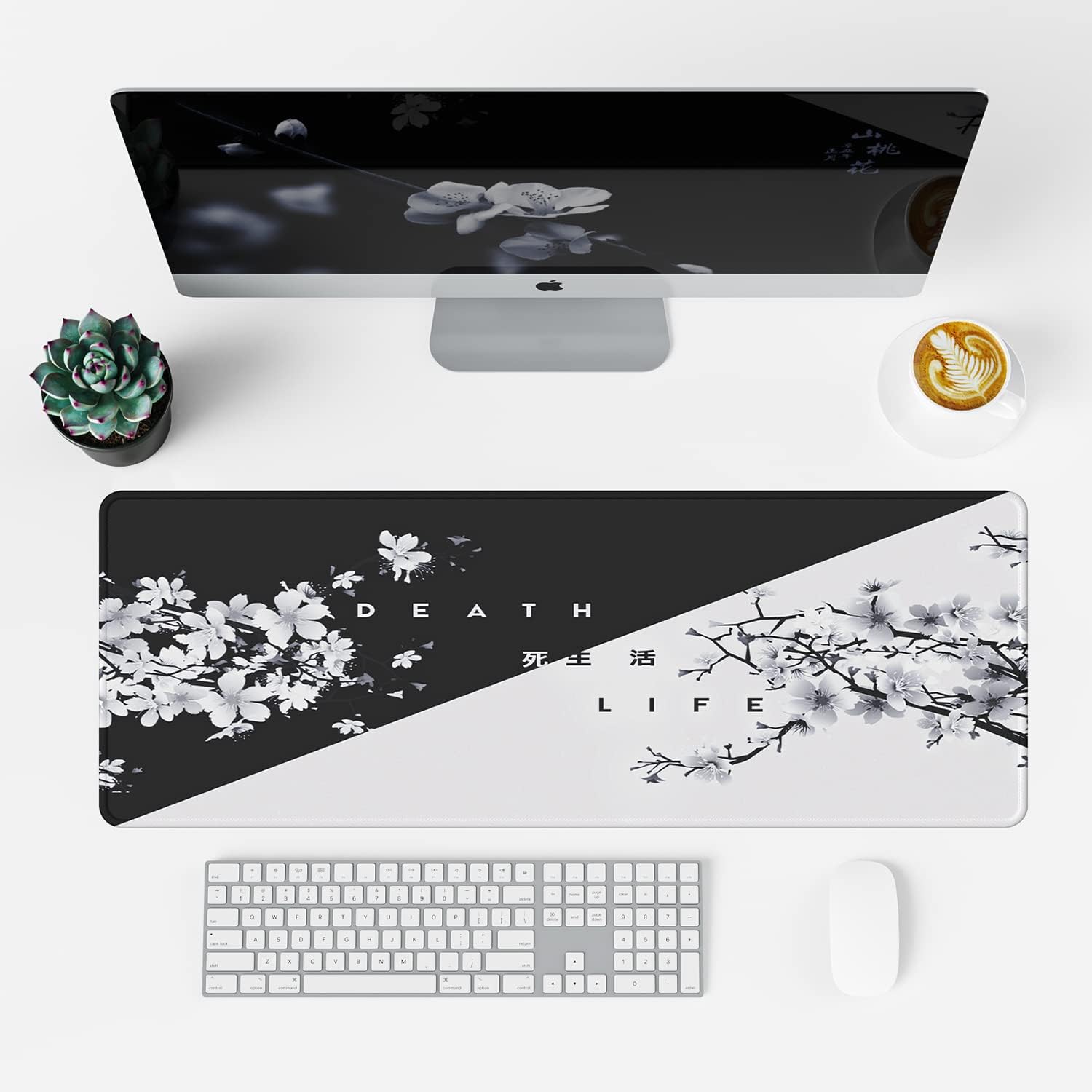 EFISH Black and White Japanese Cherry Tree Blosson Mouse Pad (31.5 × 11.8 × 0.12 Inch) Extended Large Mouse Mat Desk Pad, Stitched Edges Mousepad,Non-Slip Rubber Base,Gaming Mouse Pad
