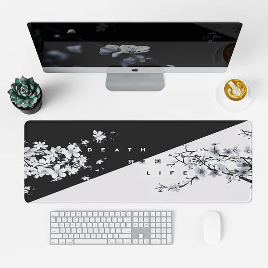 EFISH Black and White Japanese Cherry Tree Blosson Mouse Pad (31.5 × 11.8 × 0.12 Inch) Extended Large Mouse Mat Desk Pad, Stitched Edges Mousepad,Non-Slip Rubber Base,Gaming Mouse Pad