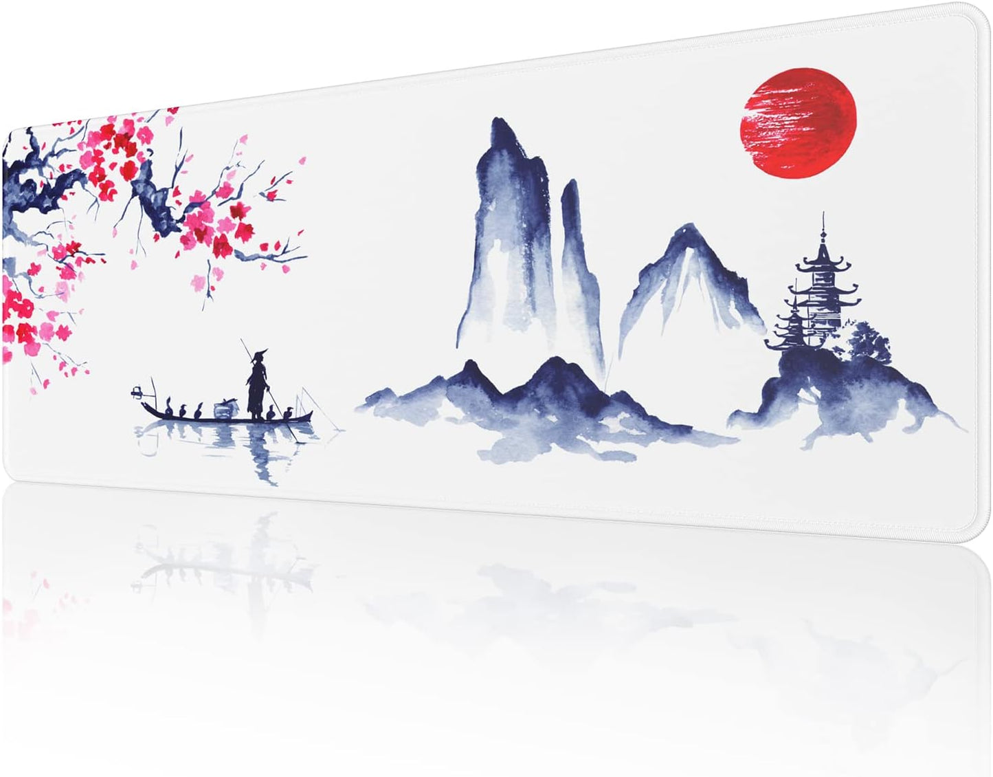 EFISH Black and White Japanese Cherry Tree Blosson Mouse Pad (31.5 × 11.8 × 0.12 Inch) Extended Large Mouse Mat Desk Pad, Stitched Edges Mousepad,Non-Slip Rubber Base,Gaming Mouse Pad