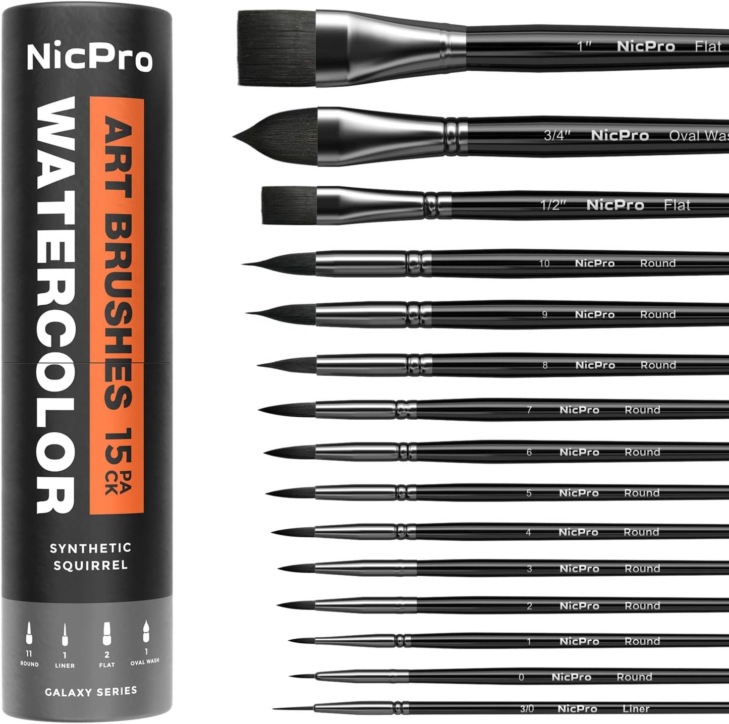 Nicpro 15PCS Watercolor Brushes Set, Soft Synthetic Squirrel Paint Brushes, Professional Water Color Paint Brush, Round, Cat Tongue, Liner, Flat, Wash for Artists, Adult, Watercolor, Inks, Gouache