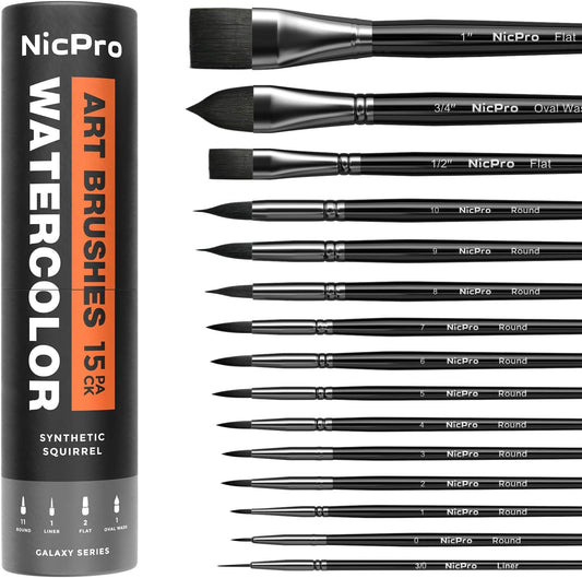 Nicpro 15PCS Watercolor Brushes Set, Soft Synthetic Squirrel Paint Brushes, Professional Water Color Paint Brush, Round, Cat Tongue, Liner, Flat, Wash for Artists, Adult, Watercolor, Inks, Gouache
