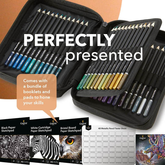 Castle Art Supplies 48 Metallic Coloured Pencils Set with Extras | Quality Wax Cores with Shimmering Shades for Professional, Adult Artists, Colourists | in Strong Carry-Anywhere Zipper Case