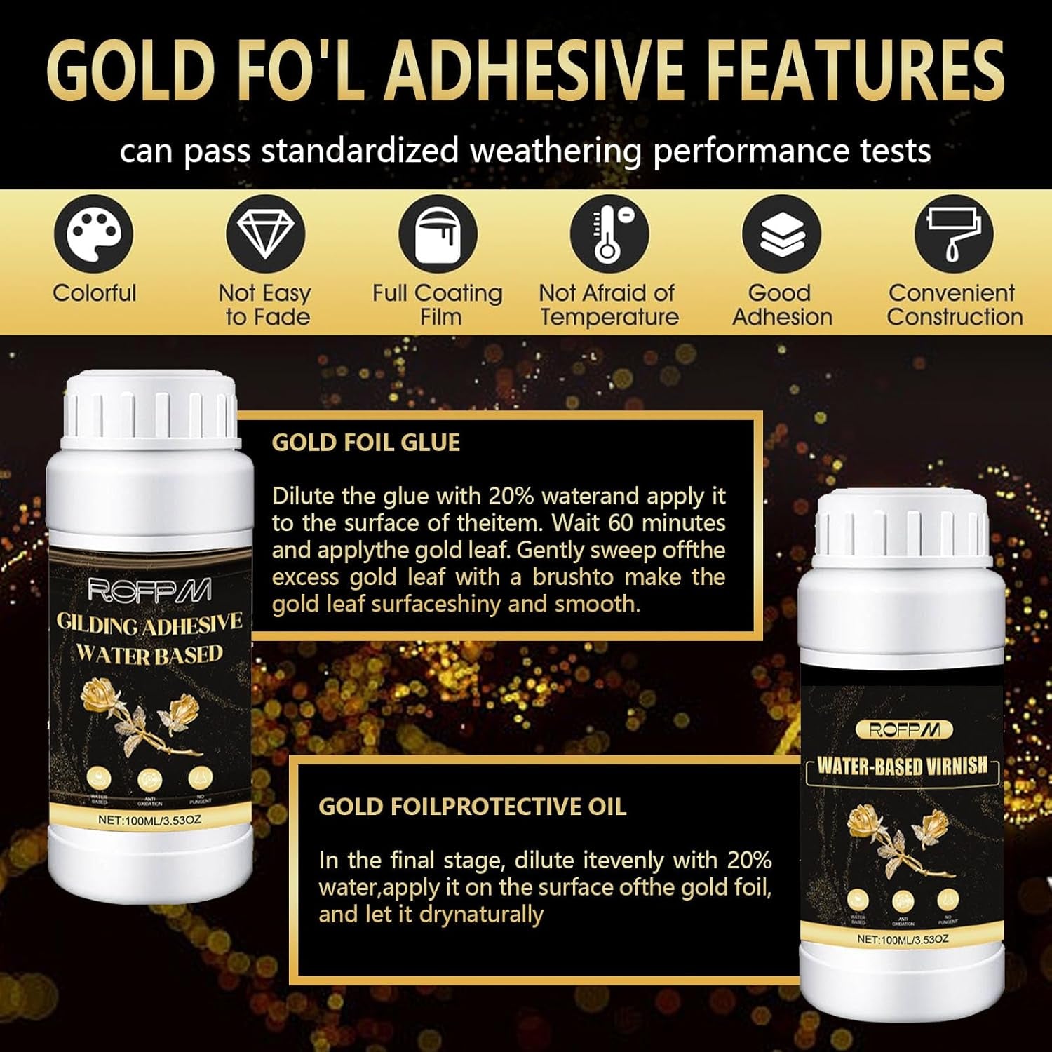 ROFPM Gold Leaf Adhesive Set, Water-Based Gilding Adhesive, 100Ml, 100 Gold Foil Transfer Sheets, 2G Silver Leaf, Craft, Home Decor, Art