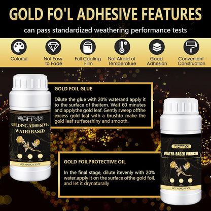ROFPM Gold Leaf Adhesive Set, Water-Based Gilding Adhesive, 100Ml, 100 Gold Foil Transfer Sheets, 2G Silver Leaf, Craft, Home Decor, Art
