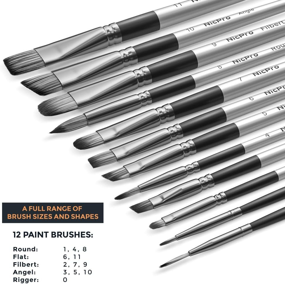 Nicpro 12 PCS Artist Paint Brush Set, Craft Paint Brushes for Acrylic Painting, Oil, Watercolour, Gouache, Tempera, Face, Body, Fabric, Leather, Model, Art Supplies Paintbrushes for Artists Beginners