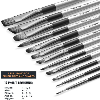 Nicpro 12 PCS Artist Paint Brush Set, Craft Paint Brushes for Acrylic Painting, Oil, Watercolour, Gouache, Tempera, Face, Body, Fabric, Leather, Model, Art Supplies Paintbrushes for Artists Beginners