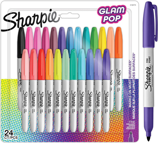 Sharpie Glam Pop Permanent Markers | Fine Point for Bold Details | Assorted Vibrant Colours | 24 Marker Pens