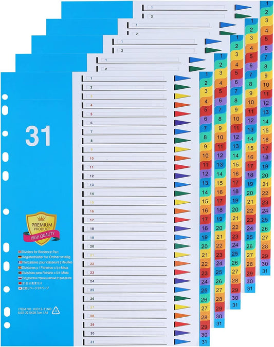 A4 1-31 Numbered File Dividers – Pack of 5 for Efficient Organization