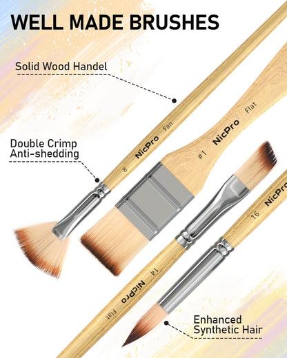 Nicpro 26Pcs Paint Brush Set, Professional Paintbrushes with Cloth Roll, Artist Paint Brushes for Acrylic Painting, Oil, Watercolour, Gouache, Adults Kids Art Painting Tools Supplies