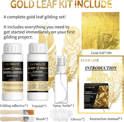 LUVBOATE Gold Leaf Gilding Kit – Complete 100-Piece Set with Adhesive, Varnish & Tools
