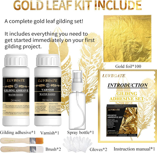 LUVBOATE Gold Leaf Gilding Kit – Complete 100-Piece Set with Adhesive, Varnish & Tools