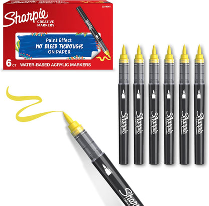 Sharpie Creative Marker Acrylic Paint Pens | Brush Tip Water-Based Paint Markers | Yellow | No-Bleed Ink Writes on Most Surfaces | School & Revision Supplies | 6 Count
