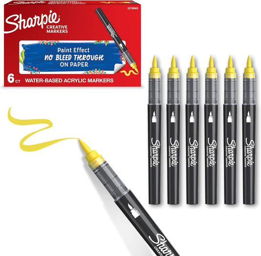 Sharpie Creative Marker Acrylic Paint Pens | Brush Tip Water-Based Paint Markers | Yellow | No-Bleed Ink Writes on Most Surfaces | School & Revision Supplies | 6 Count