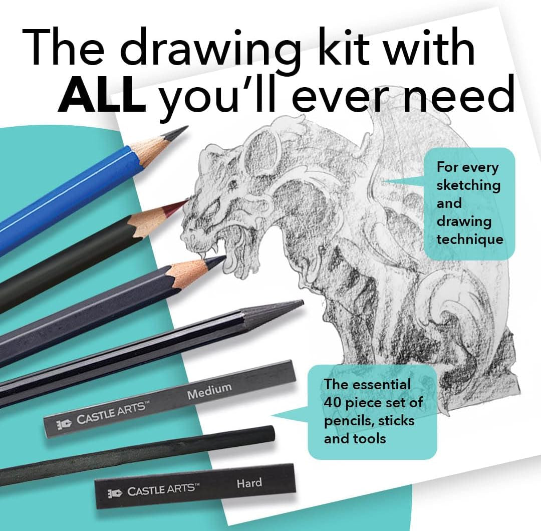 Castle Art Supplies 40 Piece Sketching and Drawing Set for Adults Artists | Presented in Sturdy Zipper Case with Pop-Up Feature | Quality Range of Sketch Pencils and More