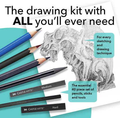 Castle Art Supplies 40 Piece Sketching and Drawing Set for Adults Artists | Presented in Sturdy Zipper Case with Pop-Up Feature | Quality Range of Sketch Pencils and More