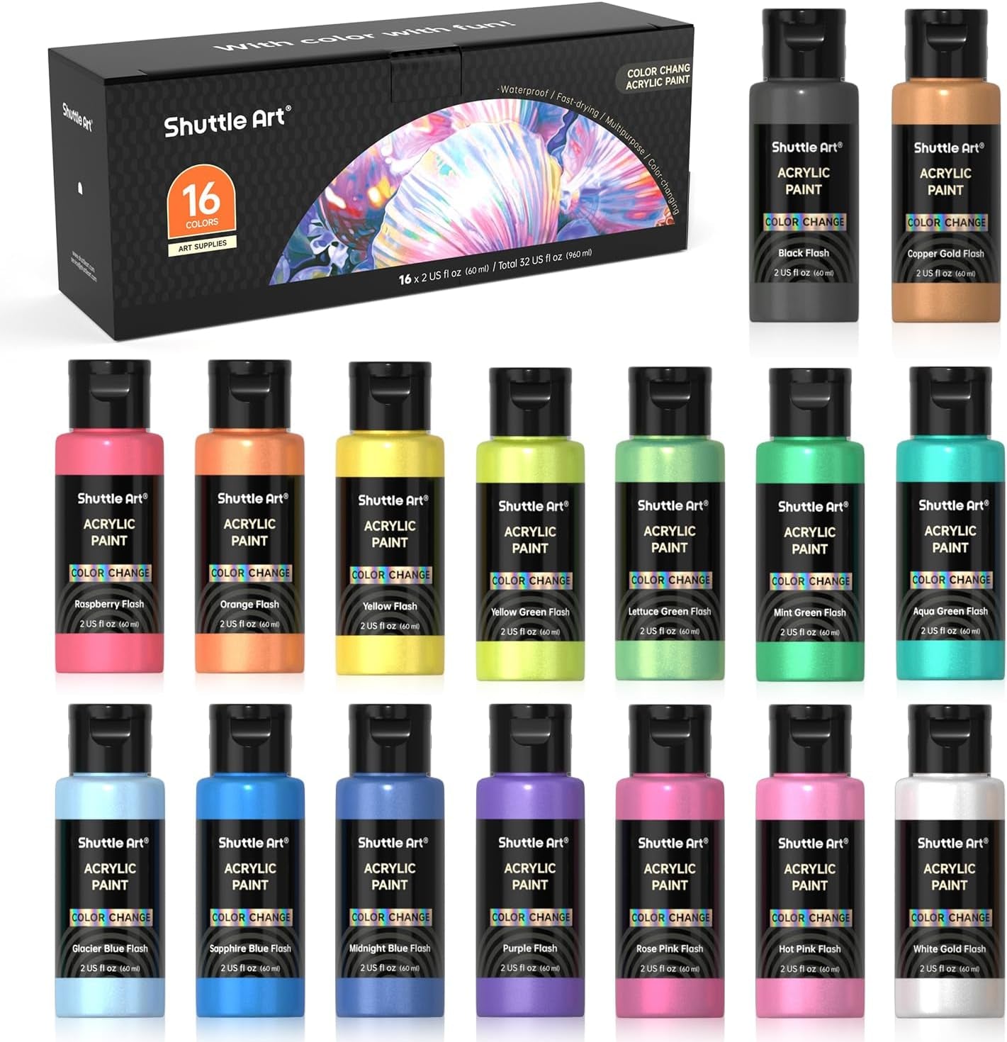 Shuttle Art 20-Colour Metallic Acrylic Paint Set + Brushes & Palette