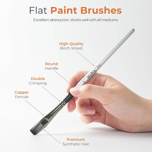 Nicpro 10 PCS Flat Paint Brush Set Art Painting Brushes for Acrylic Watercolour Oil Gouache, Craft Detail Face Body Painting Artist Kit for Kid & Adult