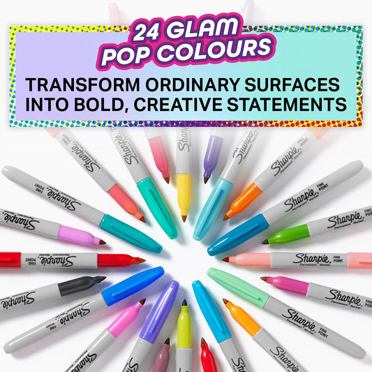 Sharpie Glam Pop Permanent Markers | Fine Point for Bold Details | Assorted Vibrant Colours | 24 Marker Pens