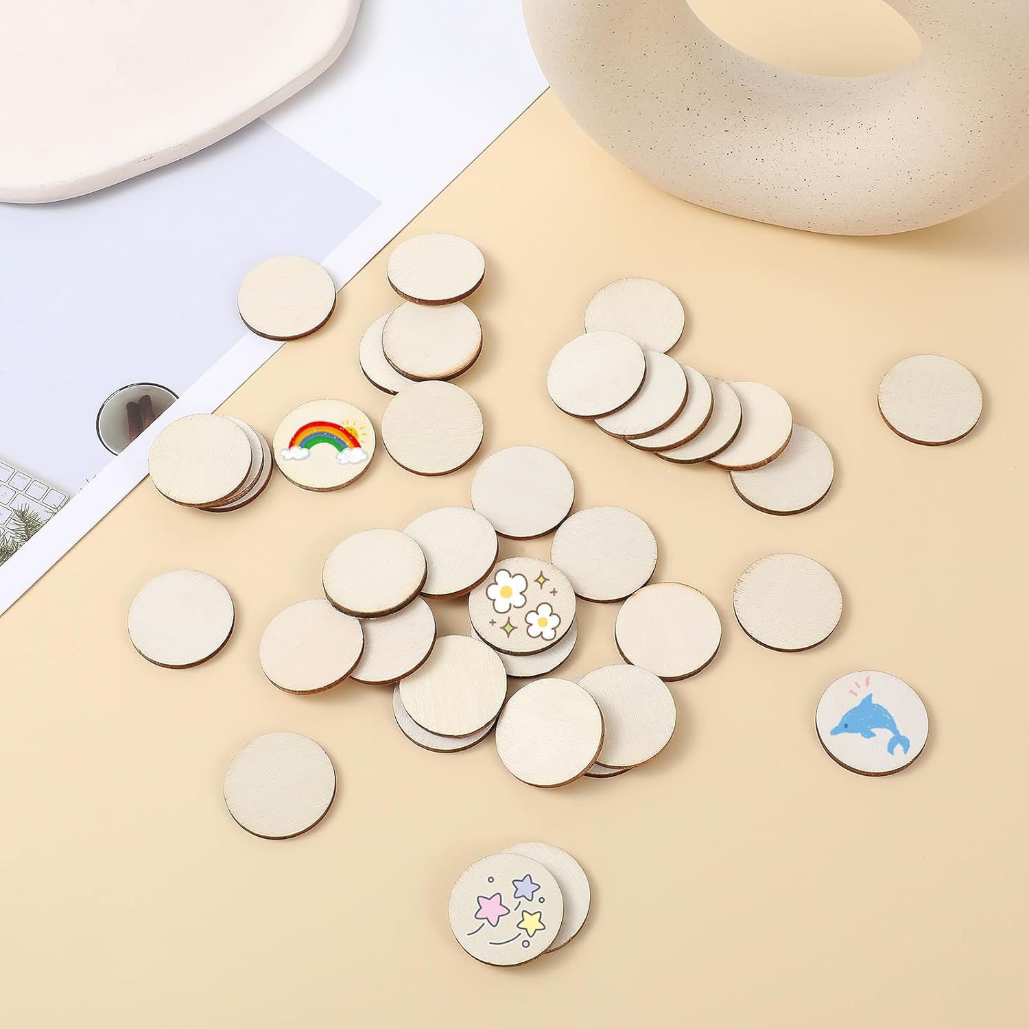 100 Pieces 1 Inch Unfinished Wood Circle round Disc, Natural Wood Slices Blank Wooden Cutout Ornaments for DIY Arts & Crafts Projects School Projects Decorations, 0.11 Inch Thick