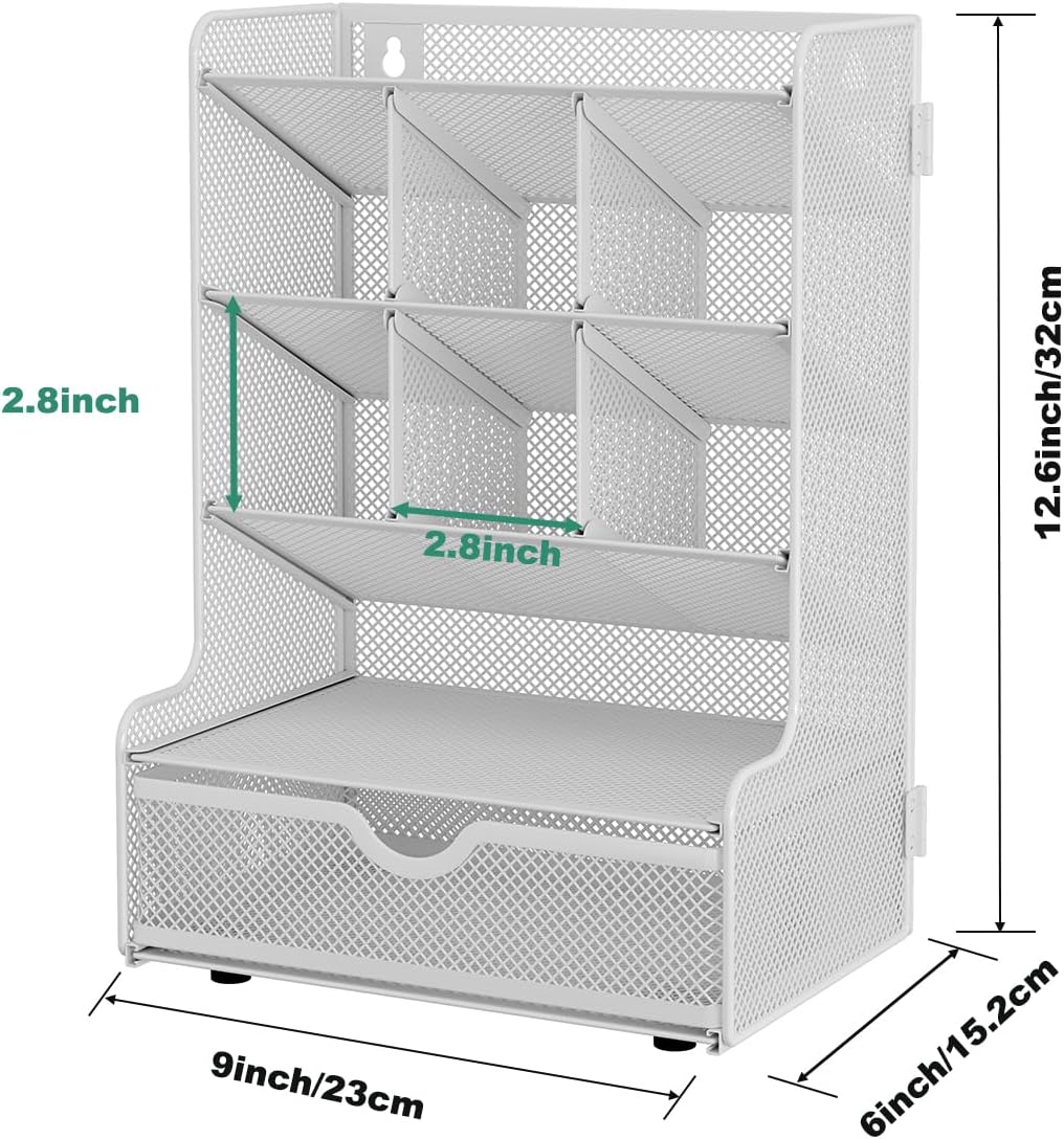 Metal Mesh Desk Organizer – 9-Compartment Wall-Mountable Pen & File Holder