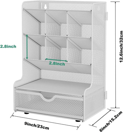 Metal Mesh Desk Organizer – 9-Compartment Wall-Mountable Pen & File Holder