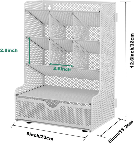 Metal Mesh Desk Organizer – 9-Compartment Wall-Mountable Pen & File Holder