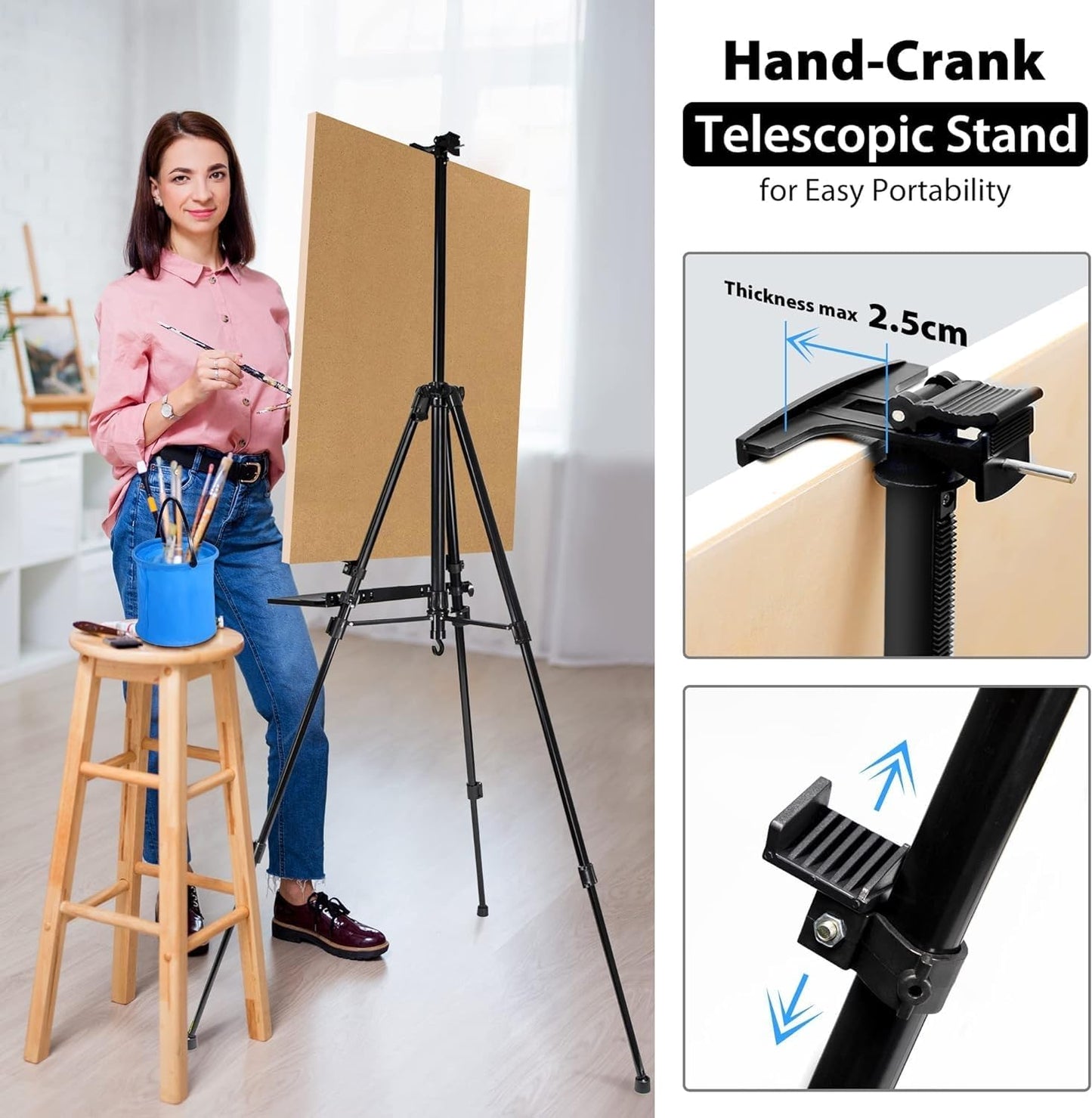 Art Easel Stand for Painting, Adjustable 51-155 Cm, Folding Tripod Display Easel, Artist Stand Easel with Bag/Keg, Tabletop and Floor Painting Display Drawing Art Sketch (Black)