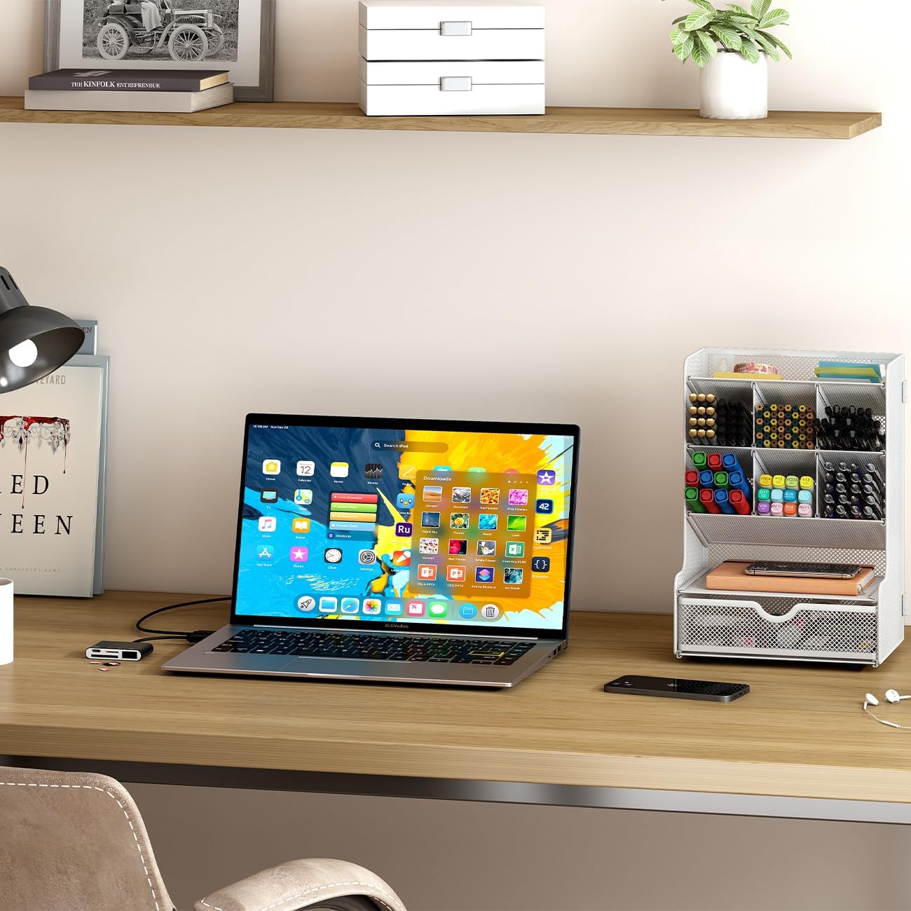 Metal Mesh Desk Organizer – 9-Compartment Wall-Mountable Pen & File Holder