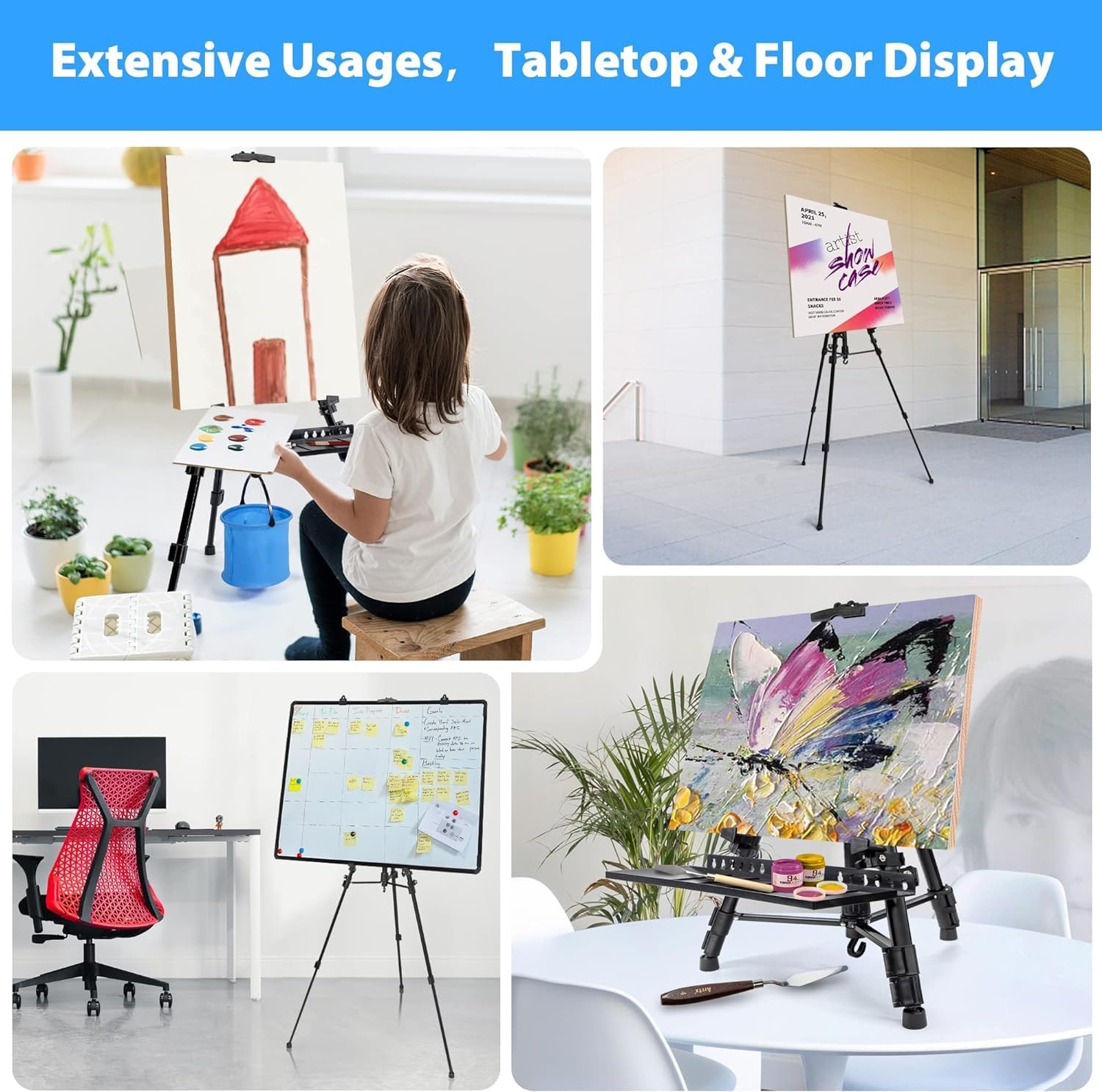Art Easel Stand for Painting, Adjustable 51-155 Cm, Folding Tripod Display Easel, Artist Stand Easel with Bag/Keg, Tabletop and Floor Painting Display Drawing Art Sketch (Black)