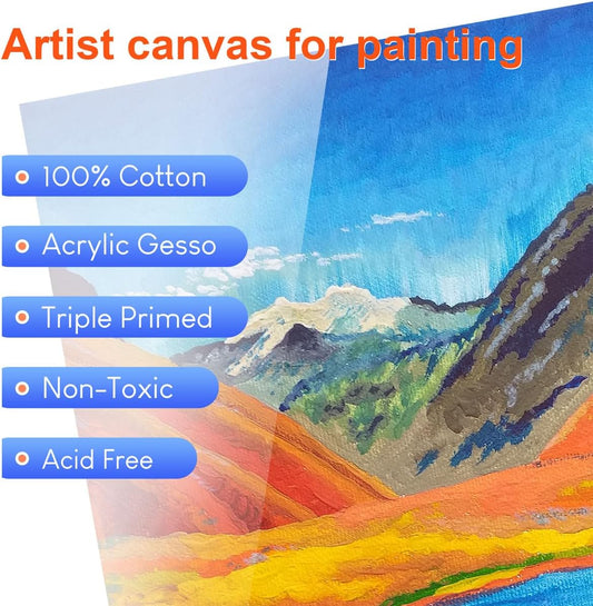 Stretched Canvas for Painting – 100% Cotton, Triple-Primed (Multiple Sizes & Packs)
