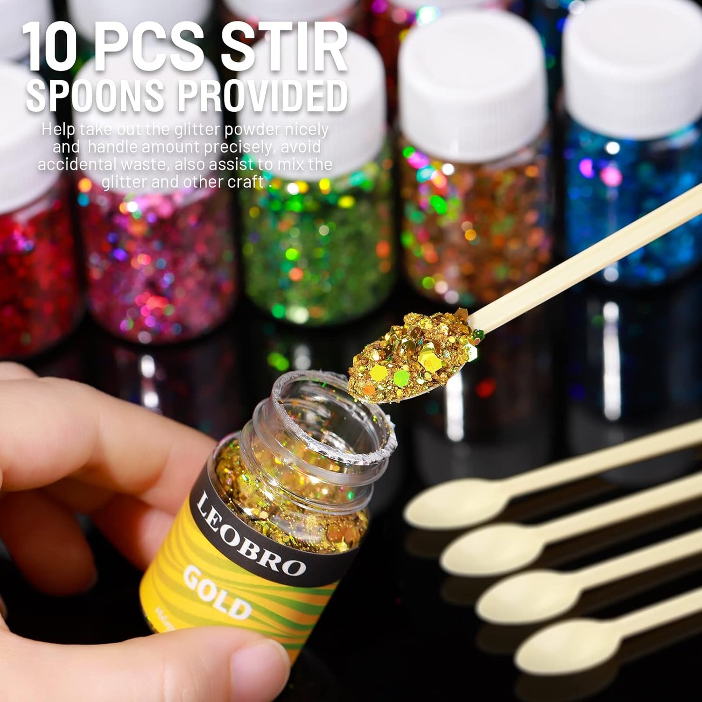 LEOBRO Holographic Chunky Glitter Set – 15 Colours with Stir Spoons for Crafts & Beauty (150g Total)